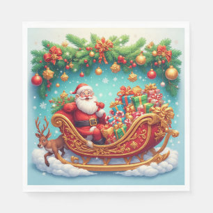 Servilleta De Papel Papá Noel montado en un trineo con un reno