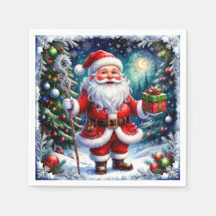 Servilleta De Papel Papá Noel sosteniendo un regalo en una Navidad mág