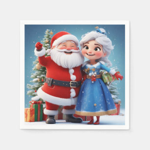 Servilleta De Papel Papá Noel y la Doncella de Nieve celebrando la Nav