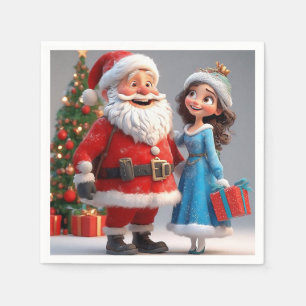Servilleta De Papel Papá Noel y la Doncella de Nieve celebrando la Nav
