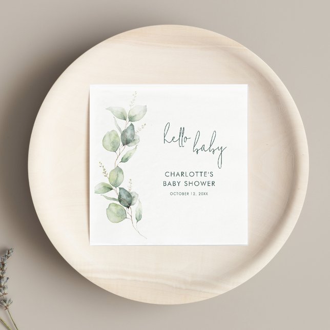 Servilleta De Papel Papel Baby Shower con guión botánico Eucalyptus (Watercolor Eucalyptus Script Baby Shower Paper Napkin)