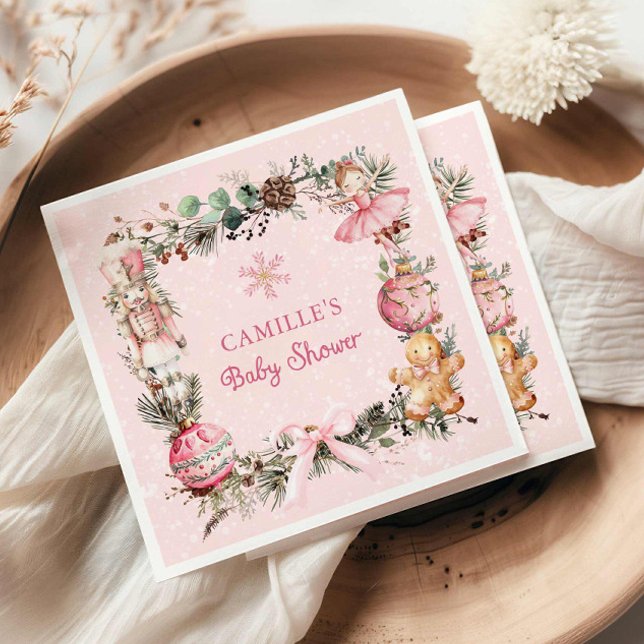 Servilleta De Papel Papel Baby Shower de Chica de petaca (Pink Christmas Nutcracker Baby shower paper napkins)