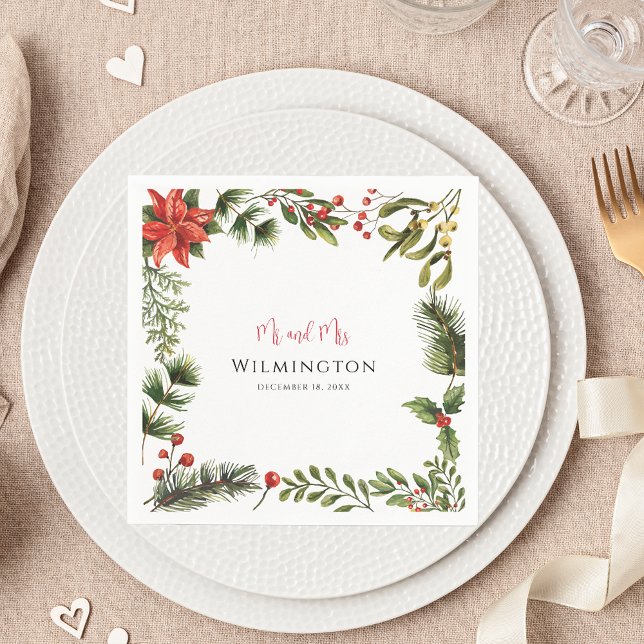 Servilleta De Papel Papel Boda floral de invierno de Poinsettia Greene (Christmas Greenery Red Berries Script Wedding Reception Paper Napkin)