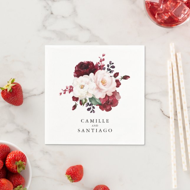 Servilleta De Papel Papel Boda floral rosa de Borgoña y Rubor (In situ)