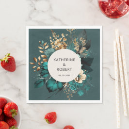 Servilleta De Papel Papel Boda floral verde azulado y dorado