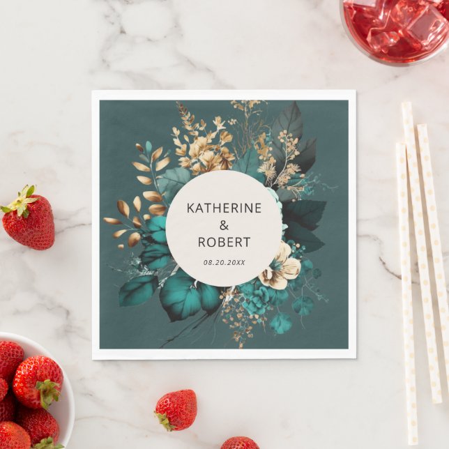 Servilleta De Papel Papel Boda floral verde azulado y dorado (In situ)