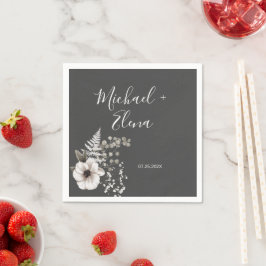 Servilleta De Papel Papel Boda gris oscuro y floral blanco