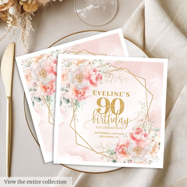 Servilleta De Papel Papel de 90º cumpleaños de oro rosa brillante (Delightful blush pink gold 90th birthday paper Napkins)