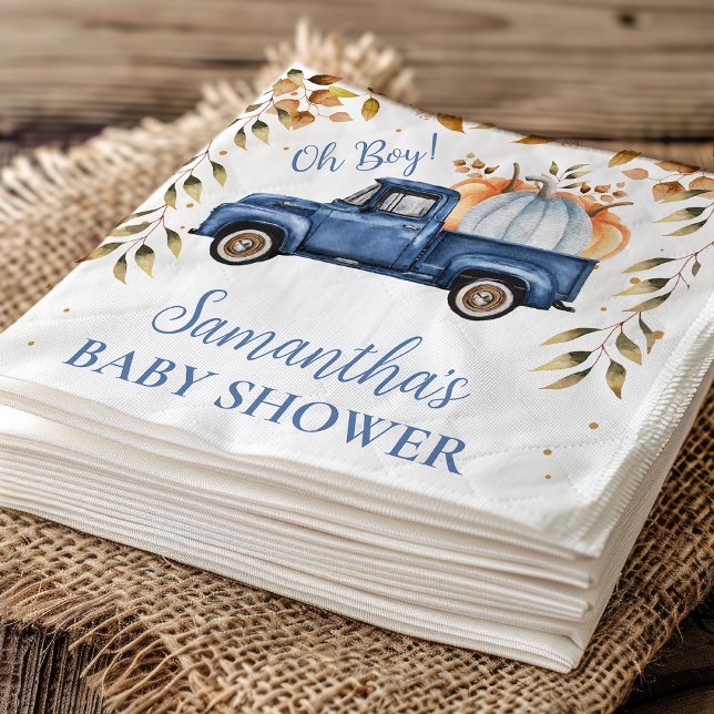 Servilleta De Papel Papel de Baby Shower del camión de calabaza azul (Editable Blue Little Pumpkin Truck Baby Shower Paper Napkin, Fall Baby Shower Napkin Boy, )
