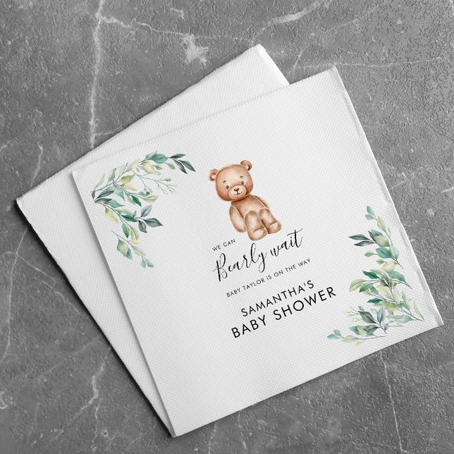 Servilleta De Papel Papel de Baby Shower en el guión de Eucalyptus (We Can Bearly Wait Woodland Animals Bear Baby Shower Paper Napkins)