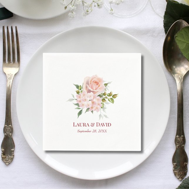 Servilleta De Papel Papel de Boda Botánico Moderno con Florales Rosa S (Blush pink botanical floral napkins add fresh romantic charm to modern wedding tables.)
