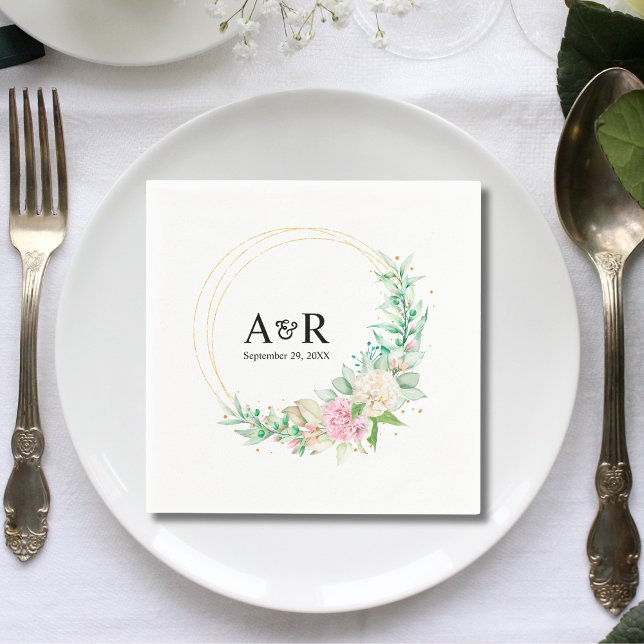 Servilleta De Papel Papel de Boda Círculo Botánico Floral Personalizad (Personalized floral botanical circle wedding paper napkins add refined charm to receptions.)