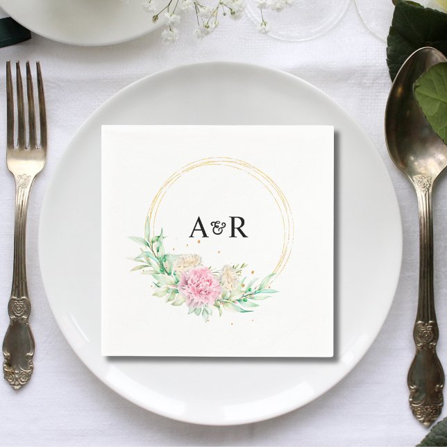 Servilleta De Papel Papel de Boda Círculo de Floristería Personalizada (Personalized floral greenery circle wedding paper napkins add fresh elegance to wedding receptions.)