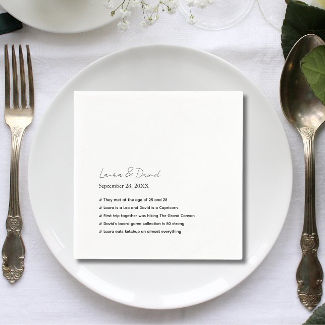 Servilleta De Papel Papel de Boda Datos Divertidos Escritura Moderna P (Personalized modern script fun facts napkins add playful charm to wedding cocktails.)