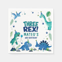Papel de cumpleaños azul de tres dinosaurios Rex