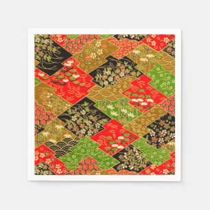 Servilleta De Papel Papel de deshielo floral de kimono verde rojo japo