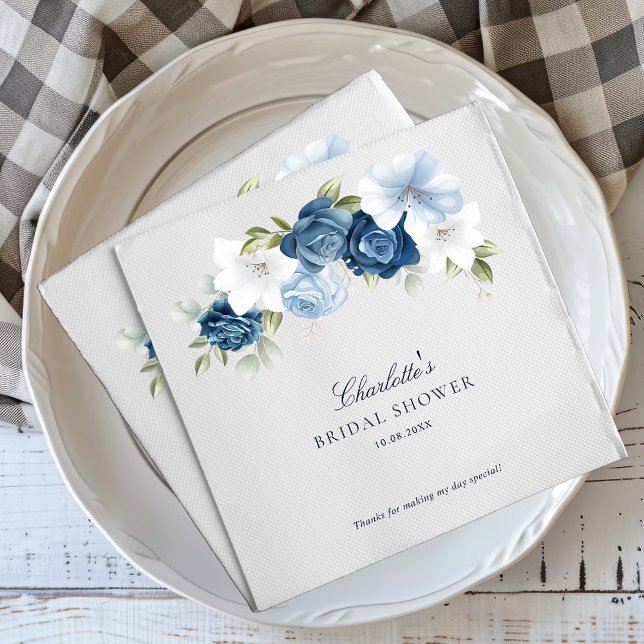 Servilleta De Papel Papel de ducha de novia azul turbio y acuarela (Elegant Dusty Blue Floral Watercolor Script Bridal Shower Paper Napkins)