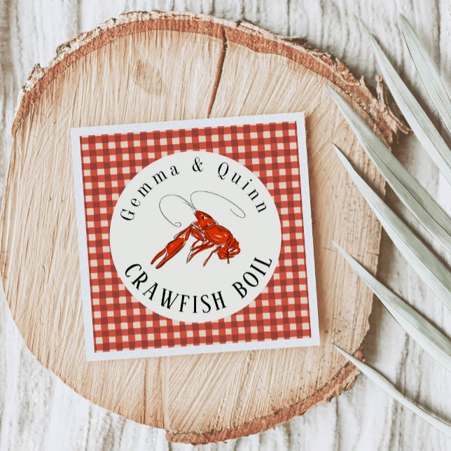 Servilleta De Papel Papel de fiesta de mariscos con estampado de gingh (Red gingham crawfish boil party paper napkins.)