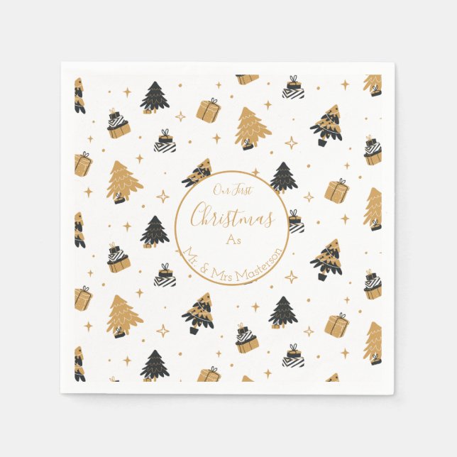 Servilleta De Papel Papel de patrón de árbol de Navidad negro dorado (Anverso)