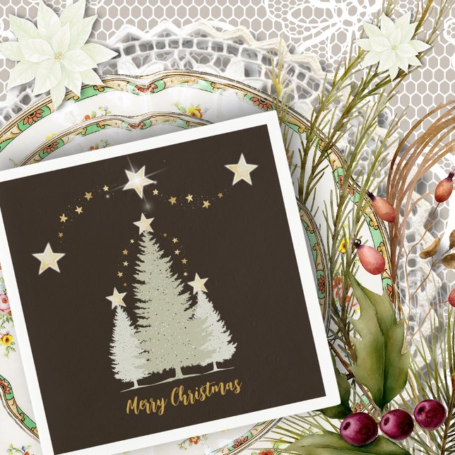 Servilleta De Papel Papel en el árbol de navidad marrón y dorado (Brown and Gold Christmas Tree and Stars Paper Napkins)