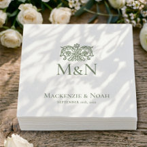 Papel Floral Ornate de Boda con Monograma Verde