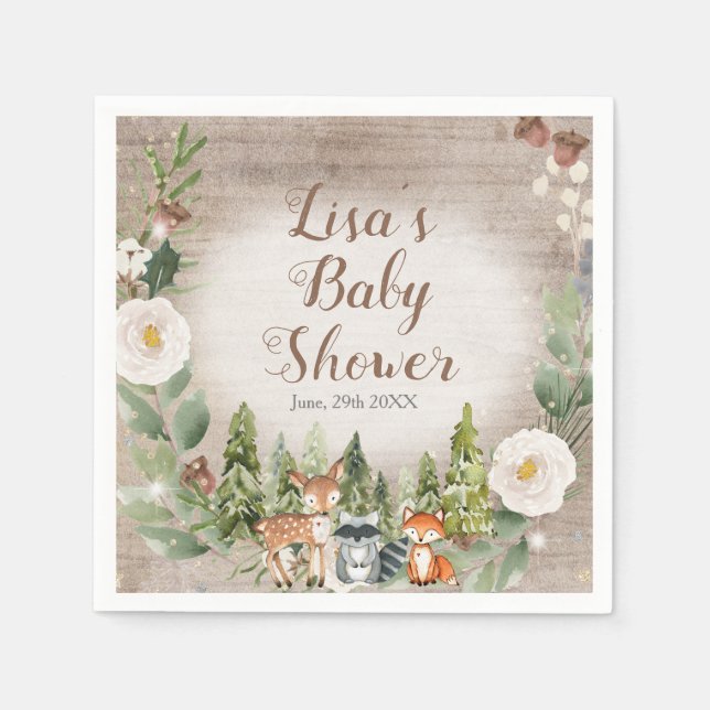 Servilleta De Papel Papel Napkin Winter Woodland Animales Floral Blanc (Anverso)