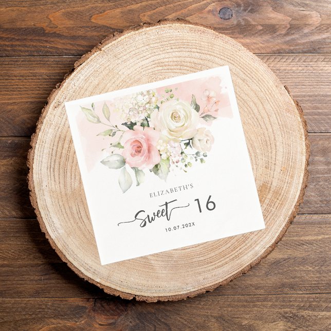 Servilleta De Papel Papel para fiesta de cumpleaños 16 con flores rosa (Pink Floral Sweet Sixteen Birthday Paper Napkin)
