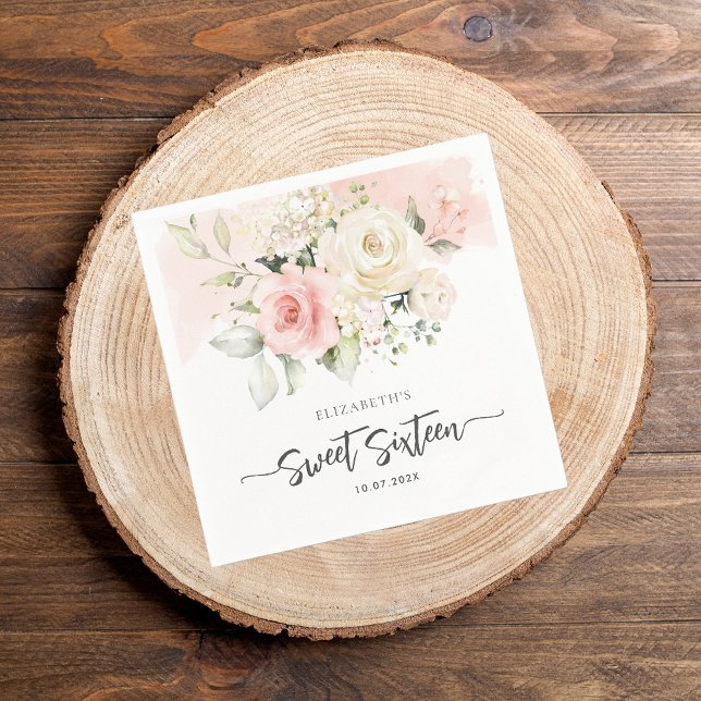 Servilleta De Papel Papel para fiesta de cumpleaños floral rosa Sweet  (Pink Floral Sweet 16 Birthday Paper Napkin)
