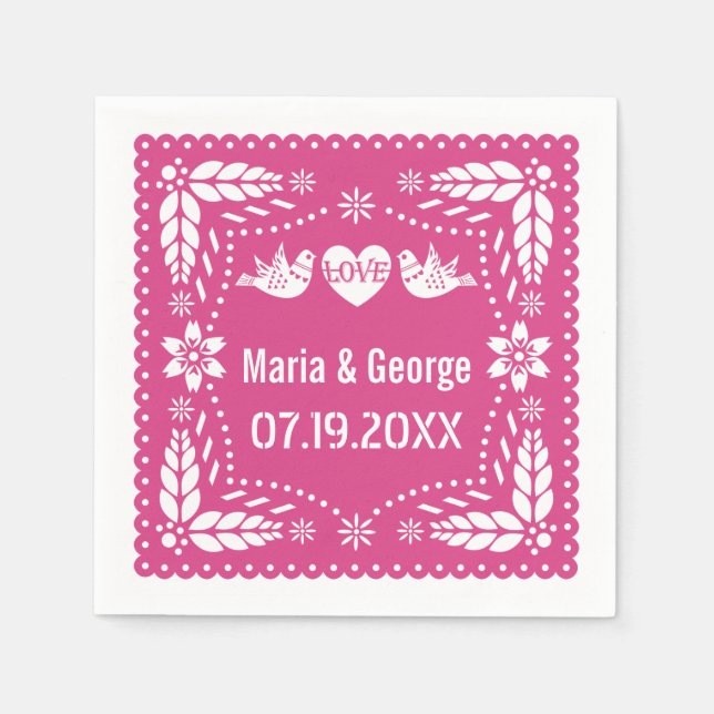 Servilleta De Papel Papel picado amor pájaros boda rosa caliente fiest (Anverso)