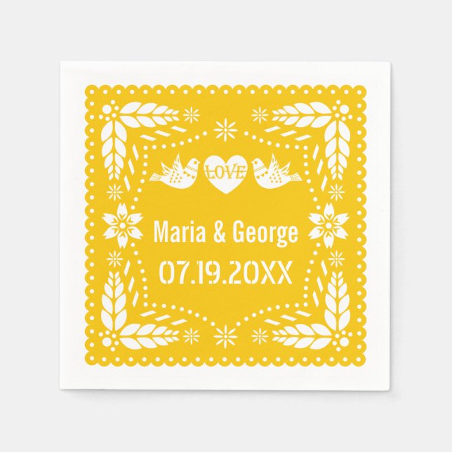 Servilleta De Papel Papel picado pájaros amorosos boda amarillo fiesta (Anverso)
