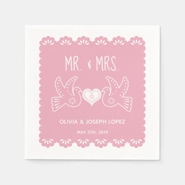 Servilleta De Papel Papel Picado Pink Love Birds Boda Fiesta (Anverso)