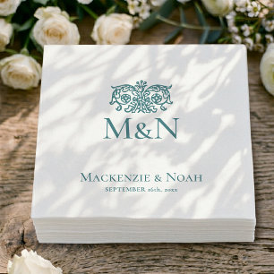 Servilleta De Papel Papel Teal Floral Ornate Boda Monograma
