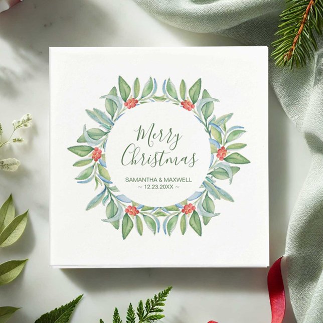 Servilleta De Papel Papel verde de los navidades (Christmas napkins personalized featuring unique watercolor botanical art by Victoria Grigaliunas)