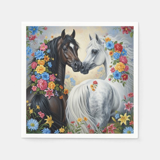 Servilleta De Papel Paper Napkin Horses framed in flowers (Anverso)