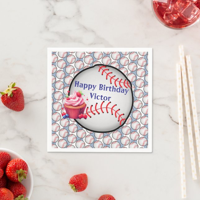 Servilleta De Papel Paper Napkins Blue White Stripe Birthday Baseball (In situ)