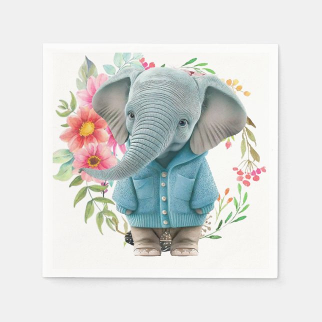 Servilleta De Papel Paper Napkins Happy Blue Elephant Floral (Anverso)