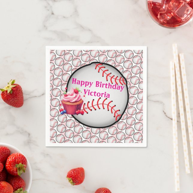 Servilleta De Papel Paper Napkins Pink White Stripe Birthday Baseball (In situ)