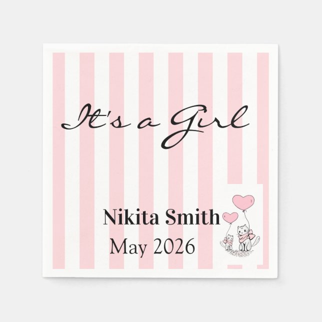 Servilleta De Papel Paper Napkins Pink & White Stripe Cat (Anverso)