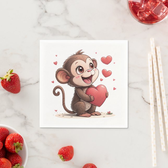Servilleta De Papel Paper Napkins Valentine's Day Monkey Red Hearts (In situ)