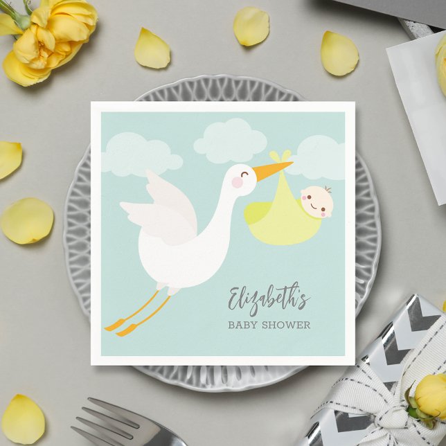 Servilleta De Papel Paquete de cigüeñas amarillas Género Baby Shower n (Yellow stork bundle unisex baby shower personalized cocktail napkins)