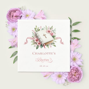 Servilleta de papel para bautizo con flor rosa mod