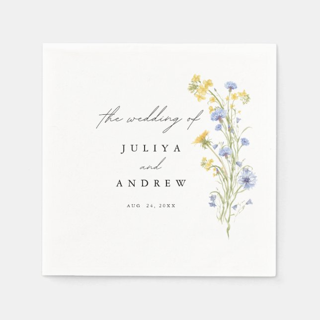 Servilleta de papel para boda floral azul y amaril (Anverso)