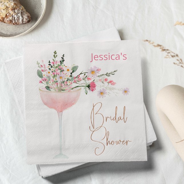 Servilleta de papel para despedida de soltera con  (Modern Watercolor Champagne Glass Wildflowers Bridal Shower Paper Napkin, Bridal Shower Napkin)