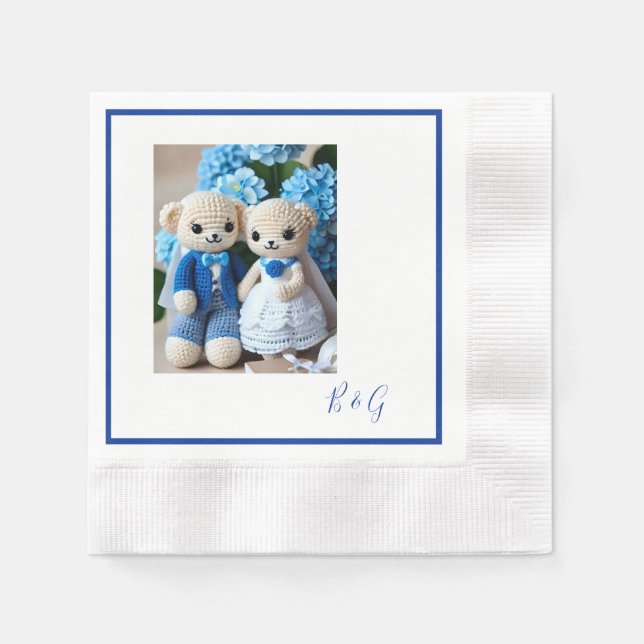 Servilleta De Papel pareja boda de crochet blanco azul (Anverso)