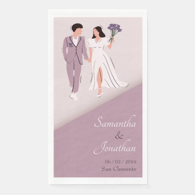 Servilleta De Papel Pareja de Dibujos Animados en Boda de Morado (Anverso)