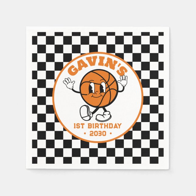 Servilleta De Papel Partida de cumpleaños de retro de baloncesto (Anverso)