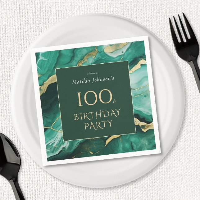 Servilleta De Papel Partido de Cumpleaños de la Emerald Green Gold Aga (Emerald Green Gold Agate 100th Birthday Party Napkins)