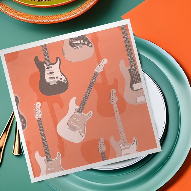 Servilleta De Papel Partido de Cumpleaños de la Estrella Guitarista de (Vintage guitar music themed party napkins in orange)