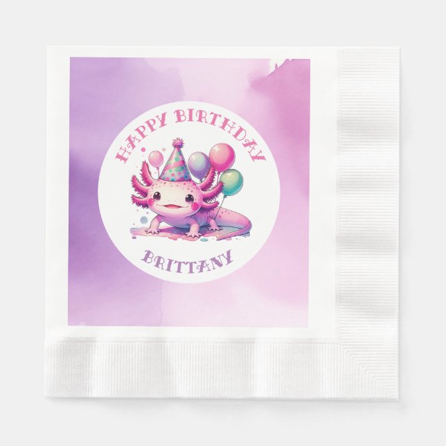Servilleta De Papel Partido de Cumpleaños del Chica Axolotl Rosa y Mor (Anverso)