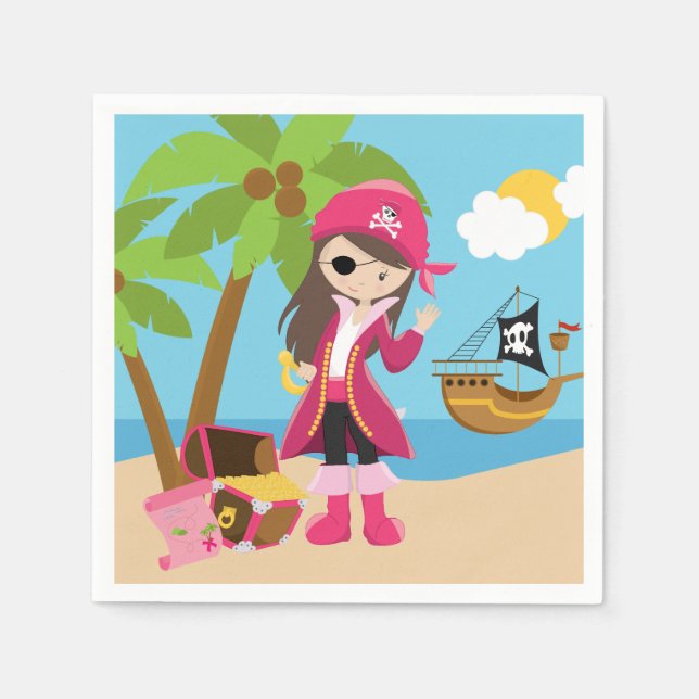 Servilleta De Papel Partido de Cumpleaños del Chica Pirata Rosa (Anverso)